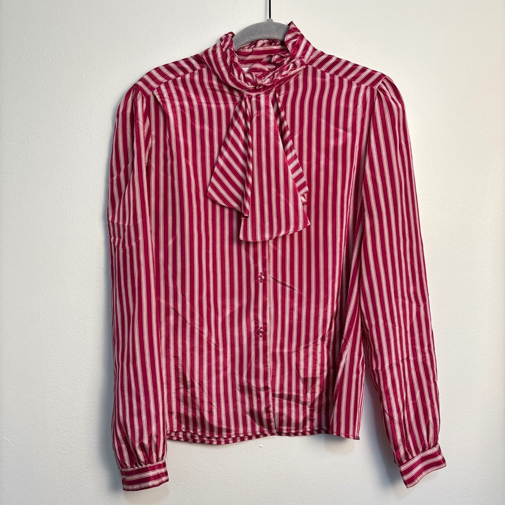 Vintage Jonathan Martin Striped Secretary Blouse Medium Tie Neck Long Sleeve